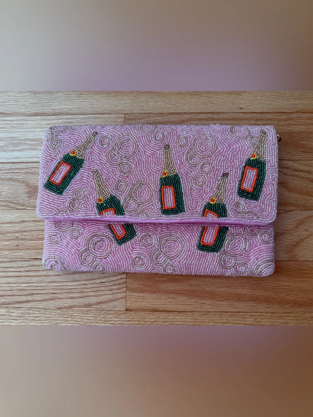Pink Champagne Bottle Beaded Clutch & Crossbody Bag NWOT